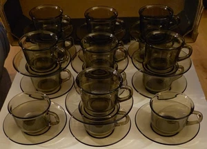 RETRO BLACK SMOKY GLASS CUPS AND SAUCERS x16 ARCOROC FRANCE - Picture 1 of 18