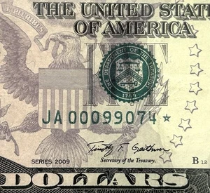 00099074* - Low 320K Run Star Note - Fancy Zip Code Serial 2009 $5 Bill - Picture 1 of 3