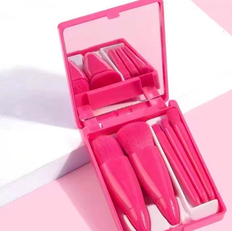 Juego de 5 brochas de maquillaje de viaje con espejo y estuche color rosa Foto 1 de 1
