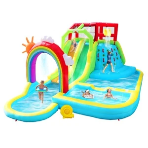 Inflatable Water Double Slides Park with Blower, Bouncy Castle with Rainbow W... - Picture 1 of 6