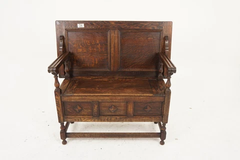 Antique Tiger Oak Monks Bench, Hall Seat, Settee, Scotland 1910, H989 Cover