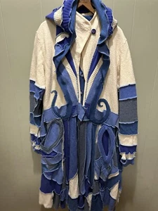 Katwise ? Cappotto con cappuccio esteso fata riciclato maglione stravagante blu rinascimentale - Foto 1 di 11