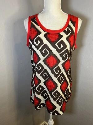 TORY BURCH  Women’s  Cream Mesh Red Brown Aztec Batik Print Tank Top Medium $330 - Image 1 of 4
