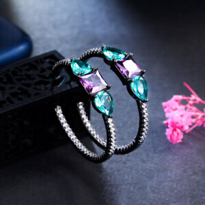 Purple Green CZ C Shaped Big Round Hoop Earring Summer Party Jewelry Accessories