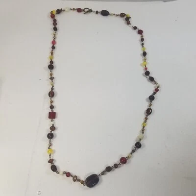Vintage Boho Red & Amber Tones Art Glass Beads Pendant Necklace 38" Foto 1 de 4