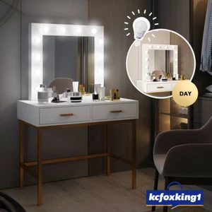 Dressing Table 12 LED Bulbs Mirror Makeup Vanity Table Jewellery Cabinet White - Picture 1 of 12