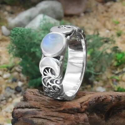 Hecate Ring - Sterling Silver Triple Moon Phase Ring - Moonstone - Sizes 4-15 - Image 1 of 4