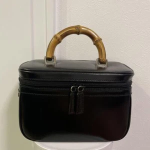 GUCCI Bamboo Handle Bag Black Vanity Double Zipper Leather Used Women's Bag - Picture 1 of 11