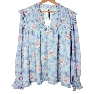 GRACE + KARMA | Womens Blue Floral Smocked Ruffle Blouse size 3X NEW Blue & Pink - Picture 1 of 15