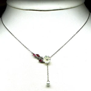 Gemstone White Mother Of Pearl, Pearl, Ruby & Zircon Necklace 17.5" 925 Silver - Picture 1 of 5
