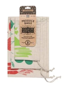 Save It 3 Cotton Drawstring Produce Bags Reusable New Print Asparagus Carrot  - Picture 1 of 8