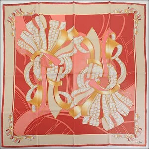 RDC14252 Authentic CARTIER Red / Beige / Gold Jeweled Ribbons 90cm Silk Scarf - Picture 1 of 6