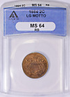 1864 ~ Two-Cent Piece ~ 2C ~ Large Motto ~ OG Holder ~ ANACS ~ MS 64 RB ~$568.88