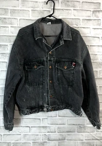 vintage 90's cross colours jacket Black Denim Distressed Large Rare Size 2 - Picture 1 of 16