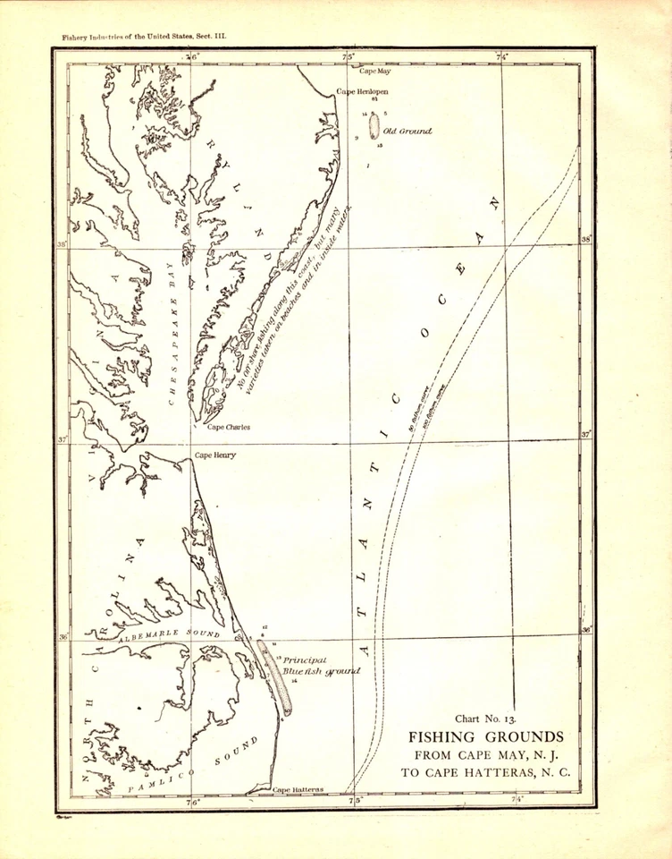 CAMPOS DE PESCA, CABO MAY, N.J.-CAPE HATTERAS, N.C.  Mapa náutico antiguo 1887 Foto 1 de 1