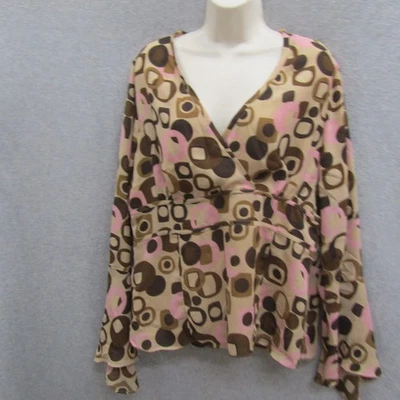 Женщин XL коричневый розовый Топ блузка с длинным рукавом V шеи пуловер повседневный опрятный шик - Изображение 1 из 4
