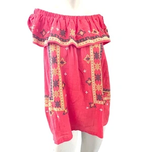 Easel Embroidered Off Shoulder Top L Bohemian Peasant Blouse Coral Chic Festival - Picture 1 of 10