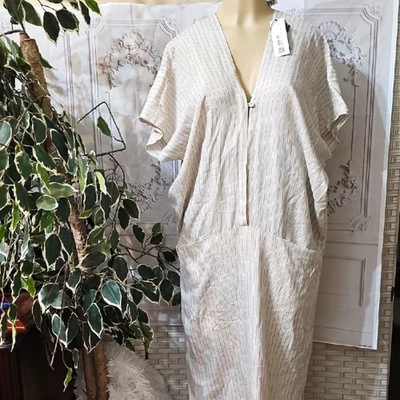 Zara 全新带标签 限量版亚麻奶油色/黑色条纹长衫长裙 M — 第 1/4 张图片