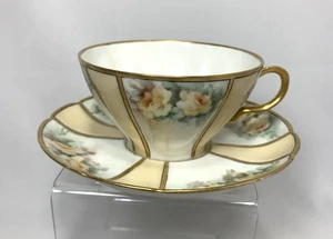 Taza y platillo Haviland porcelana rosa amarilla a rayas taza de té hecha en Francia antigua - Imagen 1 de 7