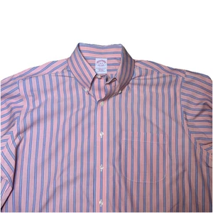 Brooks Brothers Men Dress Shirt 16-33 Peach / Blue Stripe Traditional  Fit - Picture 1 of 9
