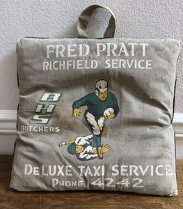 VINTAGE BHS BUTCHERS FRED PRATT RICHFIELD DELUXE TAXI ADVERTISING CUSHION - Picture 1 of 5