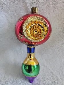 Vintage 3-Indent Reflector Blown Glass Christmas Ornament Finial Multicolor Rare - Picture 1 of 8