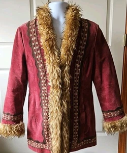 Mixit Burgundy Suede & Faux Fur Lined Embroidered Coat Women's Size Medium Y2k - Picture 1 of 15