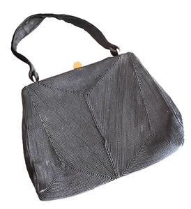 40s 50s Vintage Black Corde Purse with Brass Closure - Picture 1 of 4