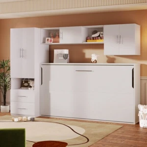 Twin Size Murphy Bed w/Shelves and 2 Storage Drawers,Built-in Wardrobe and Table - Picture 1 of 13