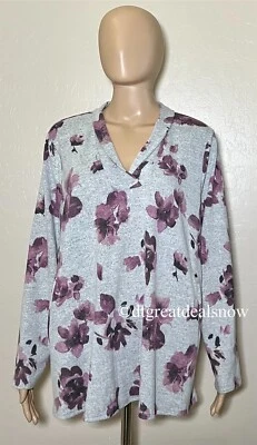 Blusa Dana Buchman Manga Larga Suave Bolsillos XL Gris Claro Púrpura Floral Cálida Foto 1 de 4