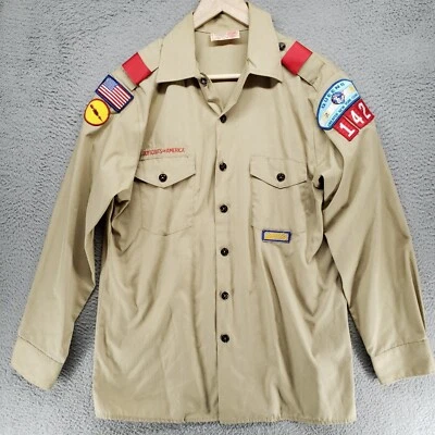 Boy Scouts of America Uniform Shirt Mens M Beige Cotton Blend USA Patches Queens - Image 1 of 4