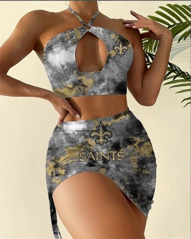 New Orleans Saints Lady Swimsuit Plunge Neckline Cutout Criss Cross Bathing Suit Cover