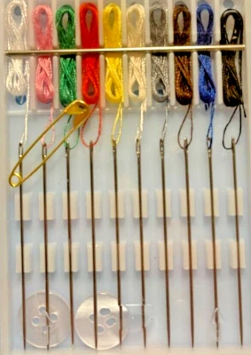 10 Nadeln mit Faden + 2 Knöpfe + 1 Sicherheitsnadel Garn Nähnadel versch. Farben - Bild 1 von 2