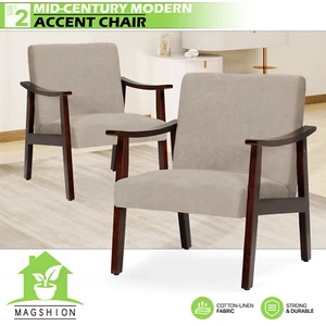 Set of 2 Upholstered  Mid-Century Modern Chair Armchair Living Room w/Wood Frame - Picture 1 of 9
