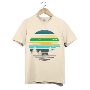 Retro Sunset Landscape T-Shirt – Nature Scene Tee – Forest Lake Silhouette - Picture 1 of 20