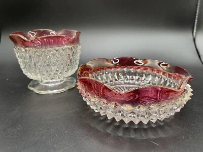 Vintage Indiana Glass Kings Crown Diamond Point Ruby Rimmed Antique Dishes x2 - Image 1 of 4