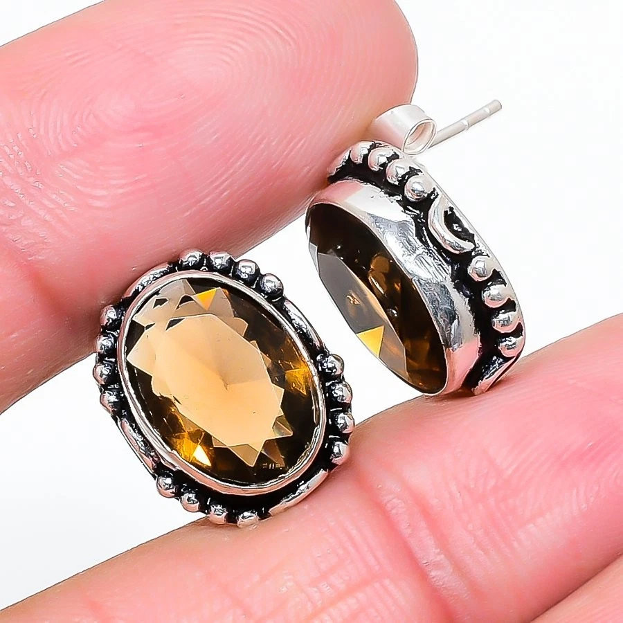 Smoky Quartz Gemstone 925 Sterling Silver Jewelry Stud Earring Size 0.75" - Image 1 of 1