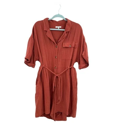 Madewell Lightspun Belted Safari Romper Shorts Short Sleeve Gauze Rust Size XL - Image 1 of 4
