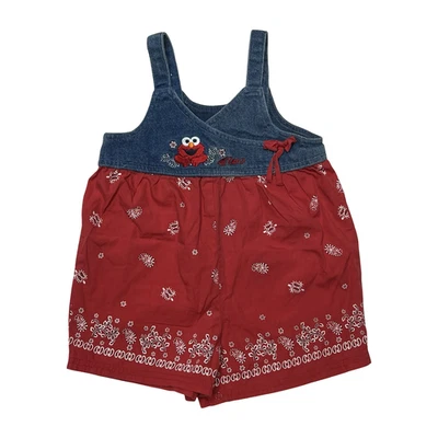 复古芝麻街 Elmo 牛仔跳线短裤 18 个月头巾幼儿套装 — 第 1/4 张图片