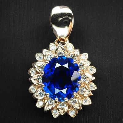 Velvety 生动蓝色蓝宝石 6.12 克拉 925 纯银玫瑰金花卉吊坠 — 第 1/4 张图片