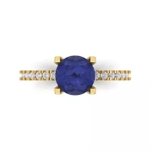 1.6 Round Tanzanite Stone Promise Bridal Wedding Designer Ring 14k Yellow Gold - Picture 1 of 11