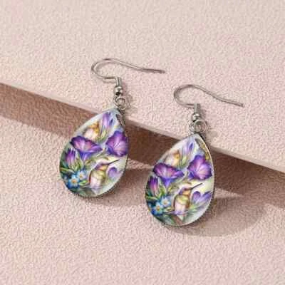 Purple Flower Hummingbird TearDrop Dangle Earrings Women Girls Fashion New Gift - Image 1 of 2