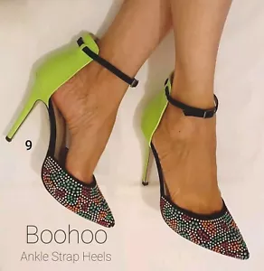 Boohoo Ankle Strap Heels Green & Black Beaded Sandals 9 - Picture 1 of 6