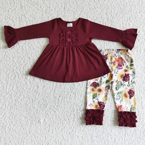 Girls Maroon Cotton Tunic Floral Ruffle Leggings Set 2pcs Outfit - Picture 1 of 15