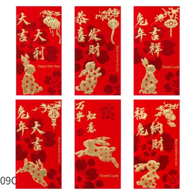 6 Patrones/Juego de Sobres Rojos Año Nuevo Chino Año Conejo Lámina de Oro Dinero de la Suerte Foto 1 de 4