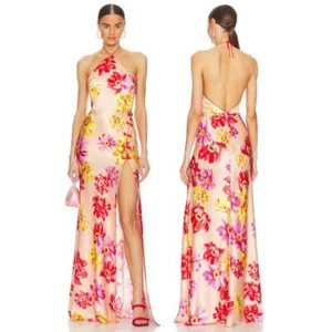 Sau Lee Tess Floral Print Gown Halter Neck Satin Side Slit Nude Multi Size S/M - Picture 1 of 19