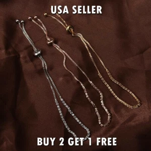 Women Crystal Adjustable Bracelet Sterling 14k Silver Gold Plated Rhinestone - Picture 1 of 10