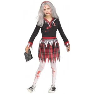 New Girls Zombie Schoolgirl Halloween Costume Dress Bloody Tights Large 12-14 - Picture 1 of 4