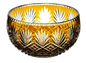 Bohemian Amber Gold Cut to Clear Crystal Serving Bowl Salad Fruit Thanksgiving - Picture 1 of 7