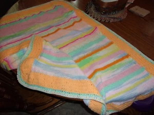 knitted baby blanket, crochet edge, vintage multi-color. very good cond. - Picture 1 of 4